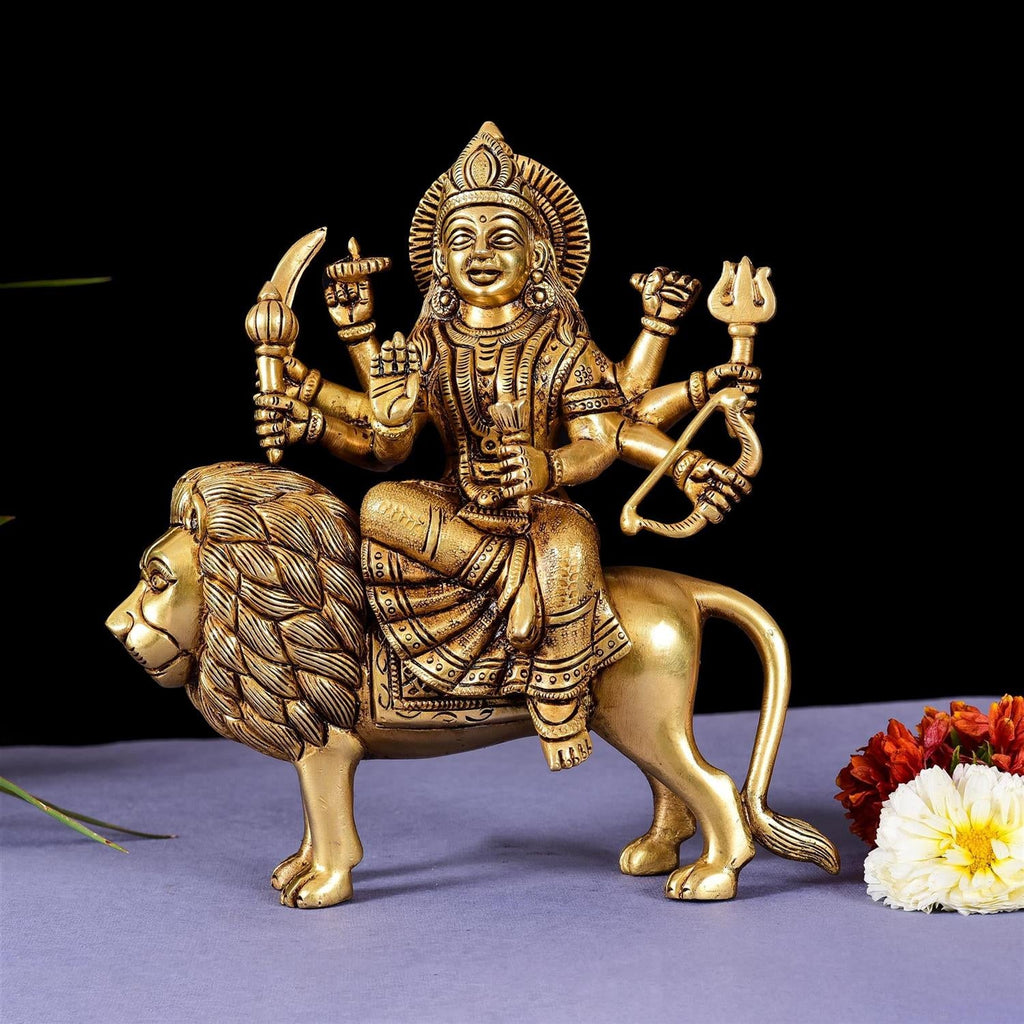 Brass Goddess Durga Sitting On Lion Superfine Idol (8.5 Inch) Vedansh Craft