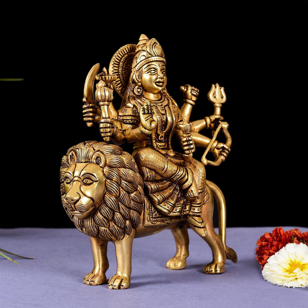Brass Goddess Durga Sitting On Lion Superfine Idol (8.5 Inch) Vedansh Craft