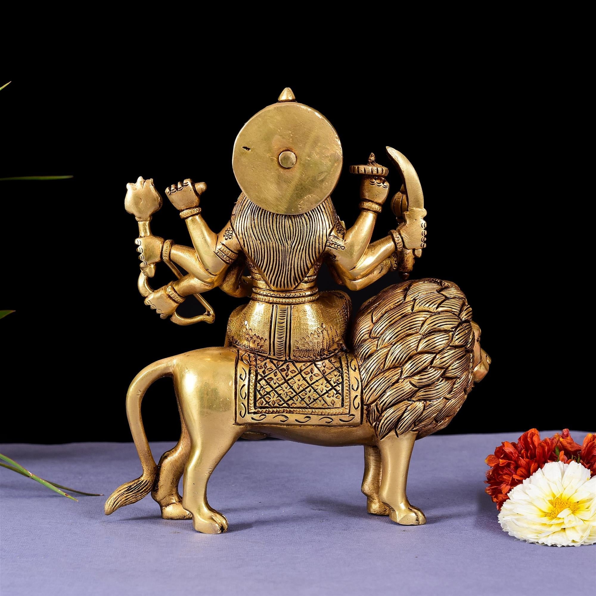Brass Goddess Durga Sitting On Lion Superfine Idol (8.5 Inch) Vedansh Craft