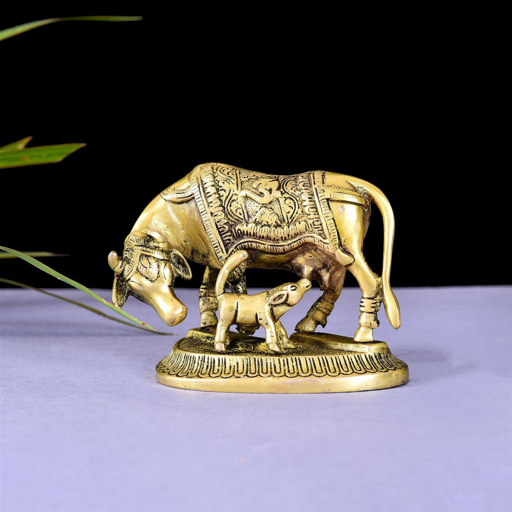 Brass Kamdhenu Cow With Calf Idol (4 Inch) Vedansh Craft