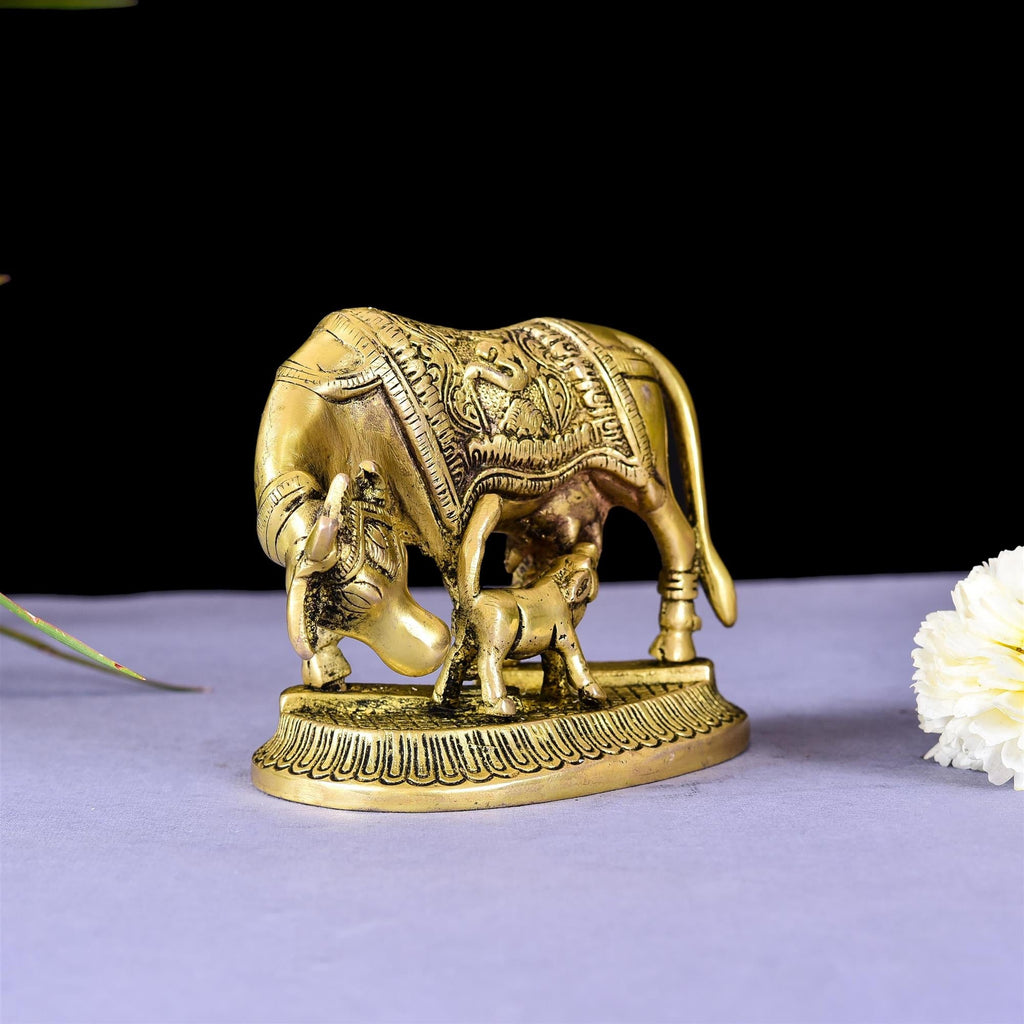 Brass Kamdhenu Cow With Calf Idol (4 Inch) Vedansh Craft