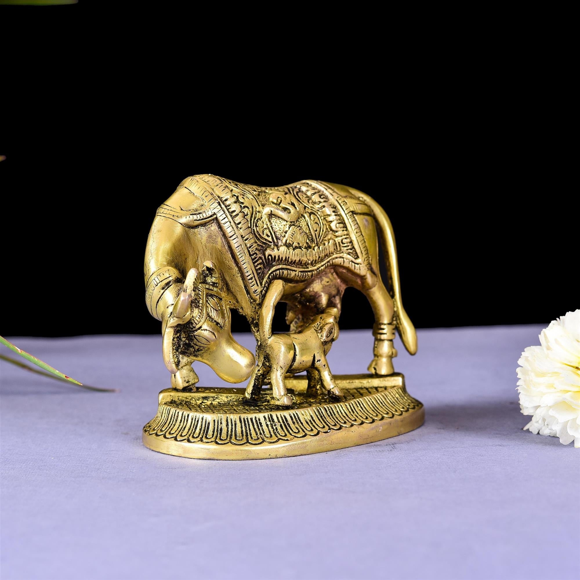 Brass Kamdhenu Cow With Calf Idol (4 Inch) Vedansh Craft