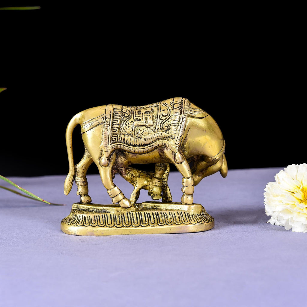 Brass Kamdhenu Cow With Calf Idol (4 Inch) Vedansh Craft