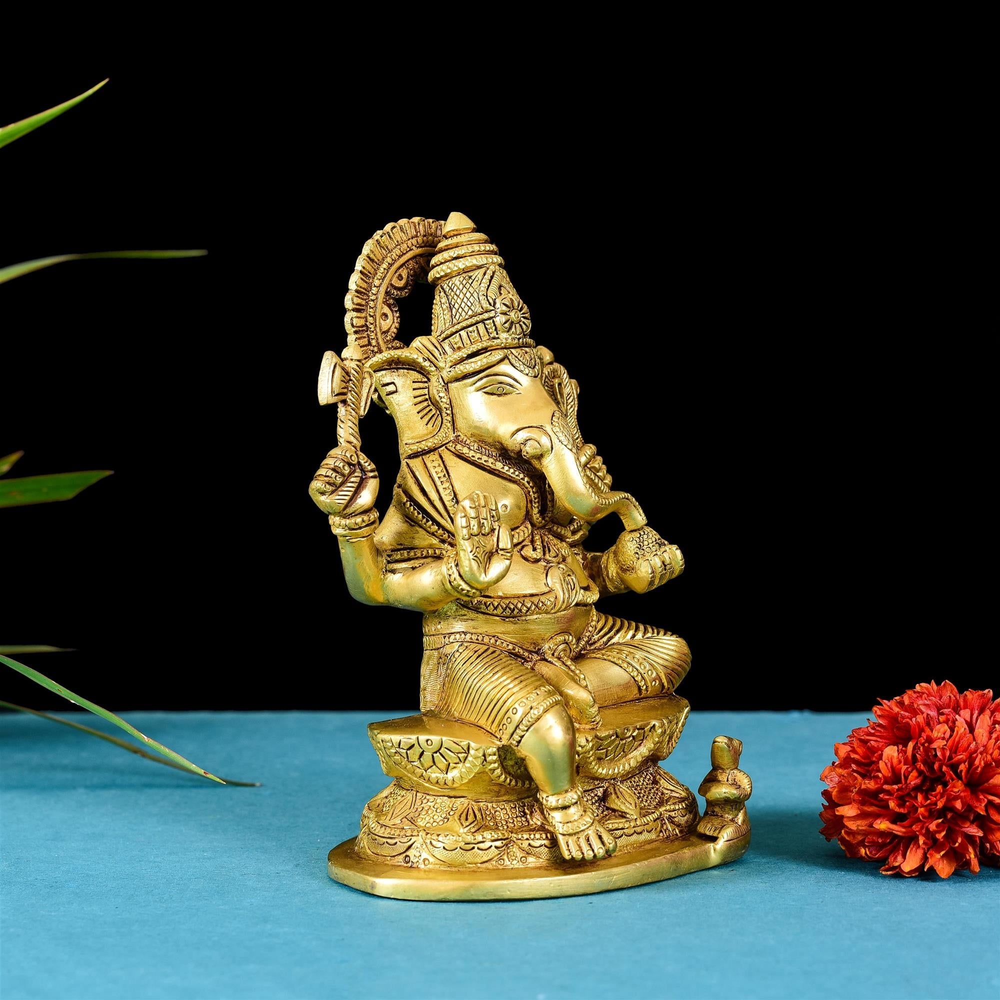 Brass Sitting Ganesha Superfine Idol (7 Inch) Vedansh Craft