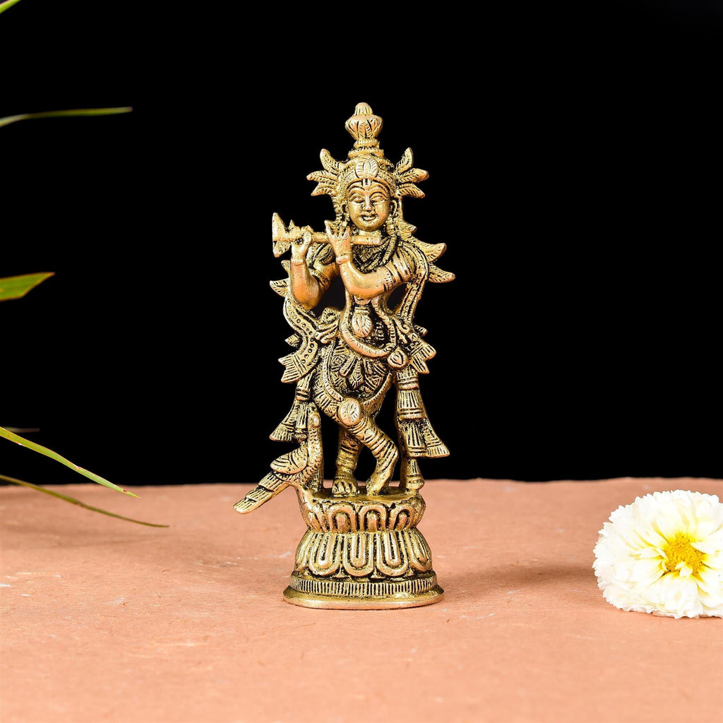 Brass Standing Lord Krishna With Base Idol (6.7 Inch) Vedansh Craft