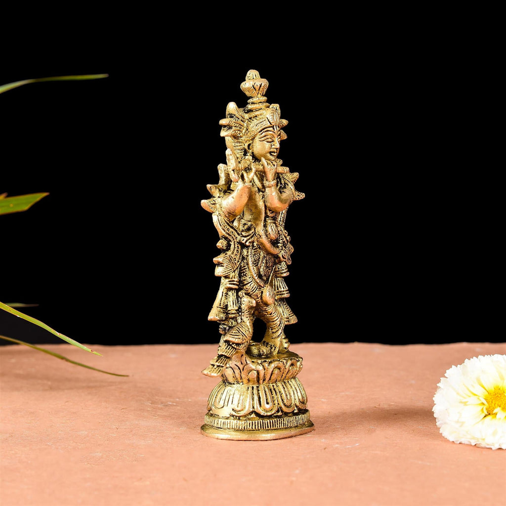 Brass Standing Lord Krishna With Base Idol (6.7 Inch) Vedansh Craft