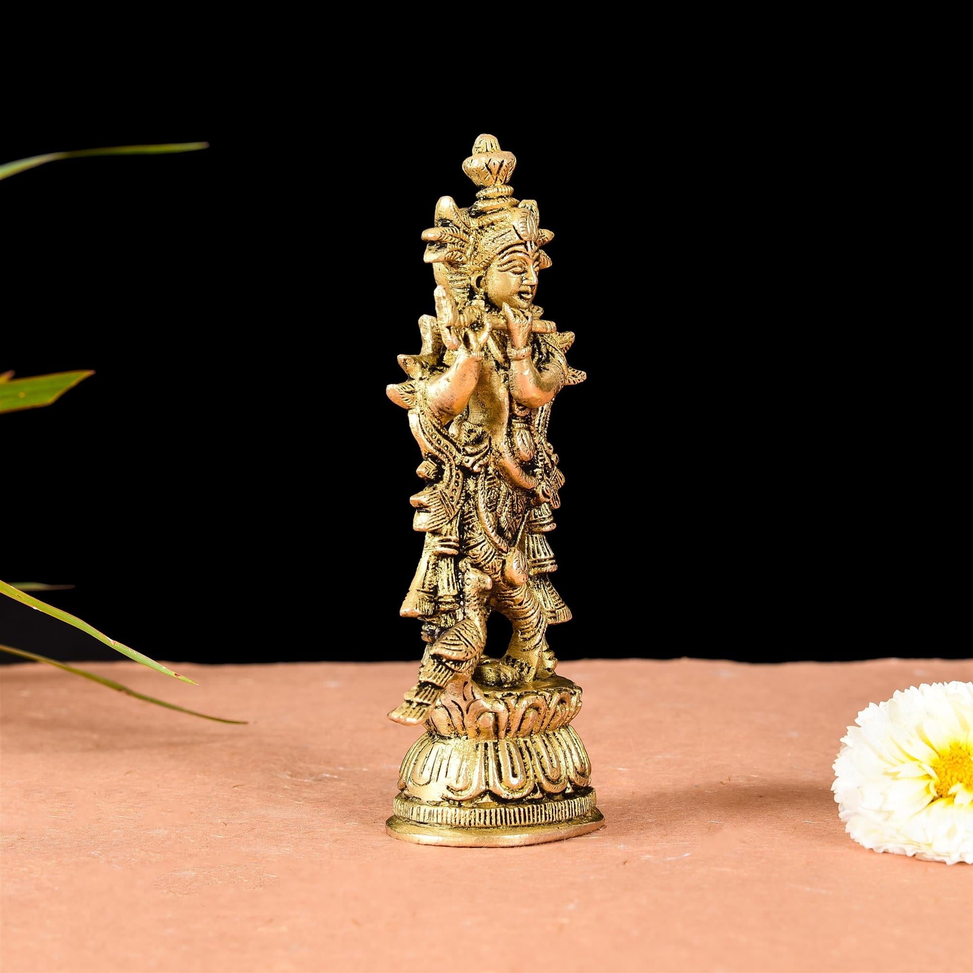 Brass Standing Lord Krishna With Base Idol (6.7 Inch) Vedansh Craft