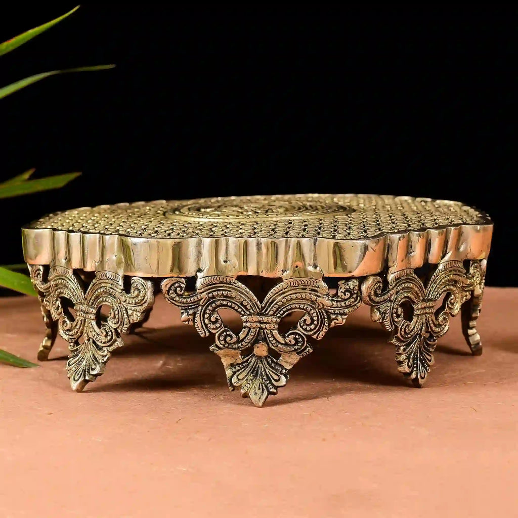 Beautifully Carved Brass Chowki/Stool (3.5 Inch) Vedansh Craft