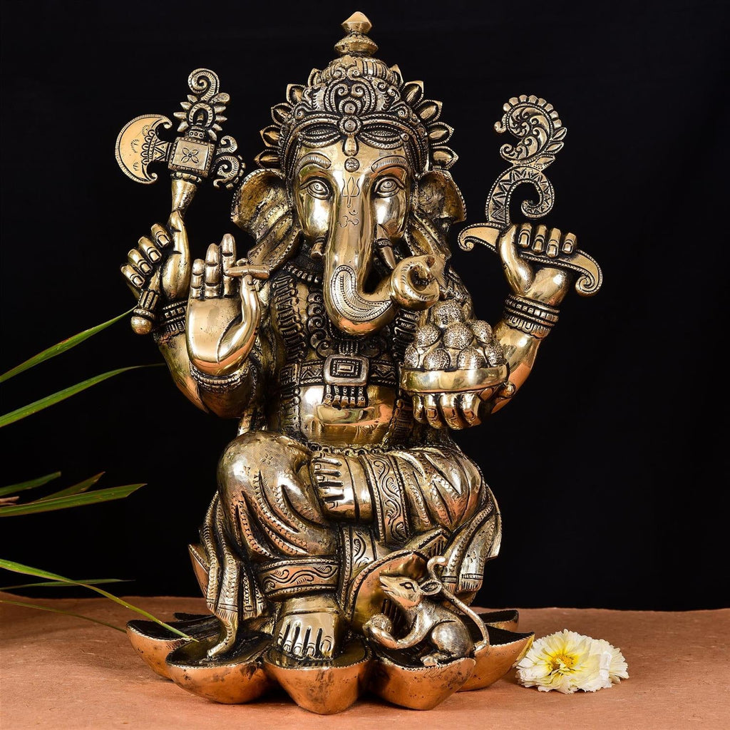 Brass Lotus Sitting Ganesha Idol (17 Inch) Vedansh Craft