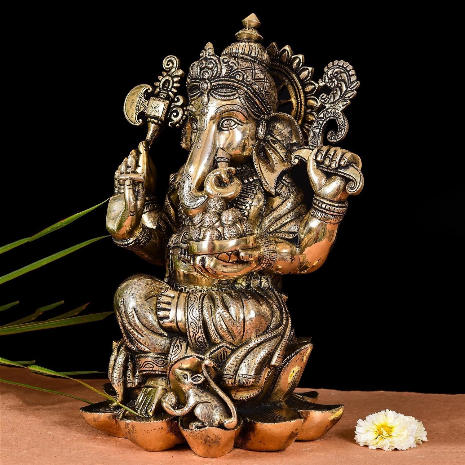 Brass Lotus Sitting Ganesha Idol (17 Inch) Vedansh Craft
