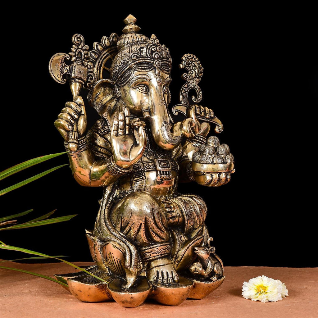 Brass Lotus Sitting Ganesha Idol (17 Inch) Vedansh Craft