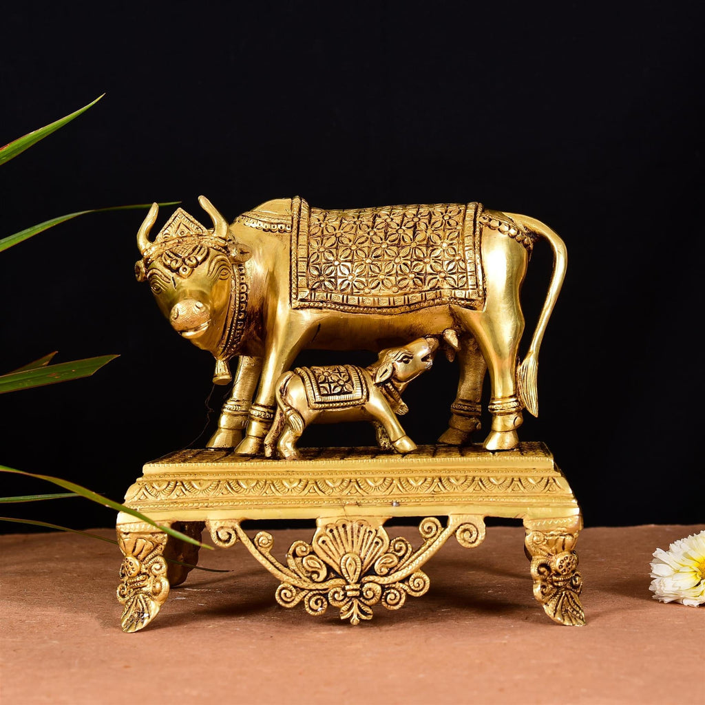 Brass Superfine Kamdhenu Cow With Calf Idol (7.5 Inch) Vedansh Craft