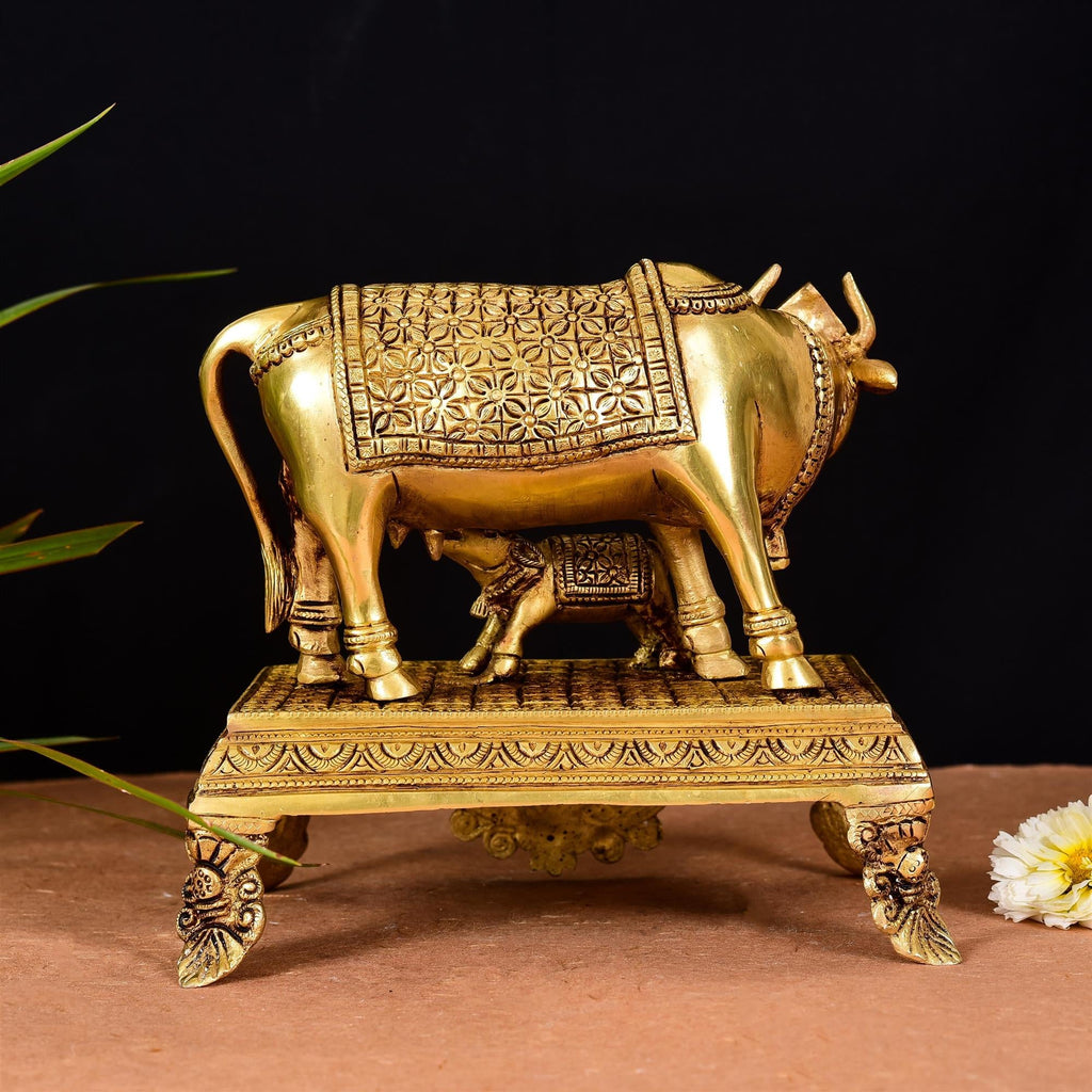 Brass Superfine Kamdhenu Cow With Calf Idol (7.5 Inch) Vedansh Craft