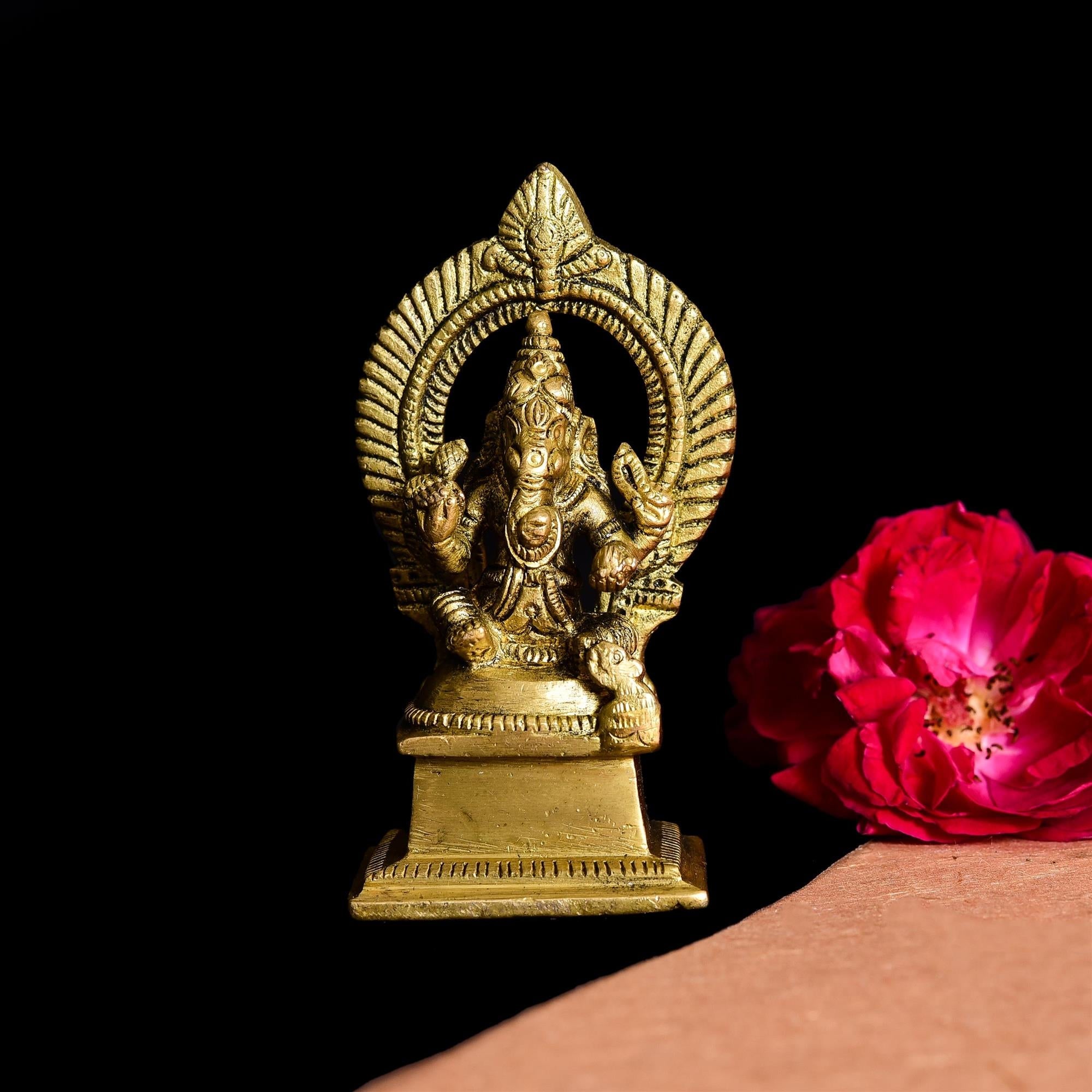 Brass Sitting Ganesha On Throne (Singhasan) Idol (4 Inch) Vedansh Craft