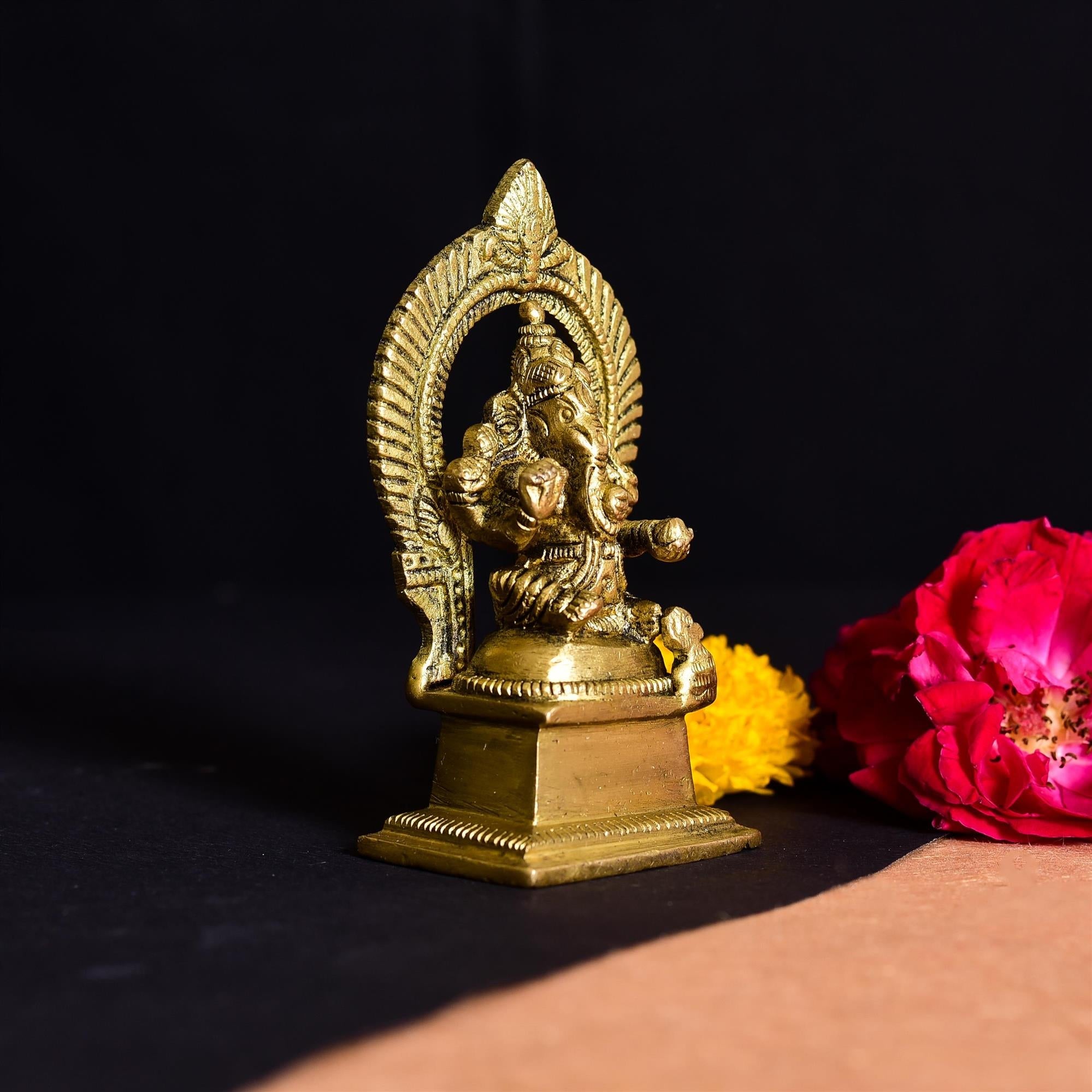 Brass Sitting Ganesha On Throne (Singhasan) Idol (4 Inch) Vedansh Craft