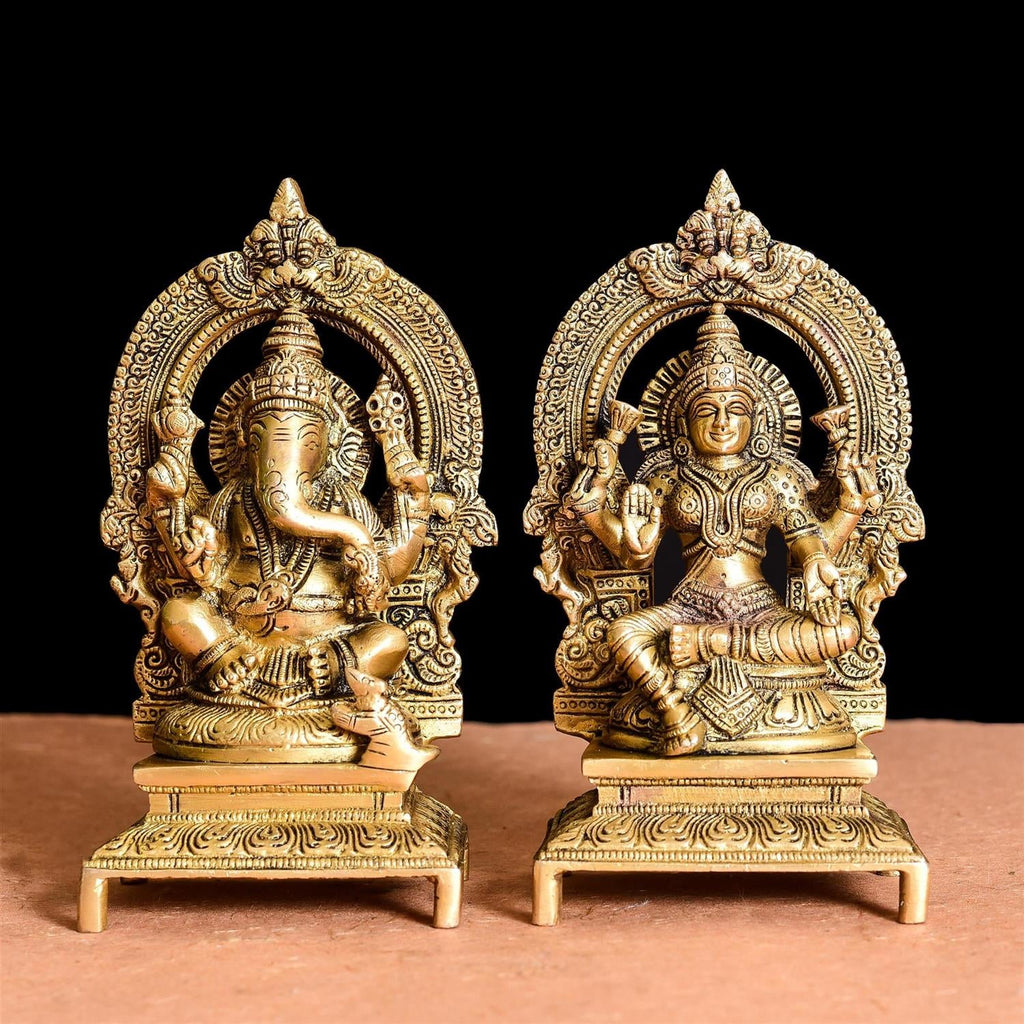 Brass Sitting Ganesh And Lakshmi On Throne Idol (7.5 Inch) Vedansh Craft