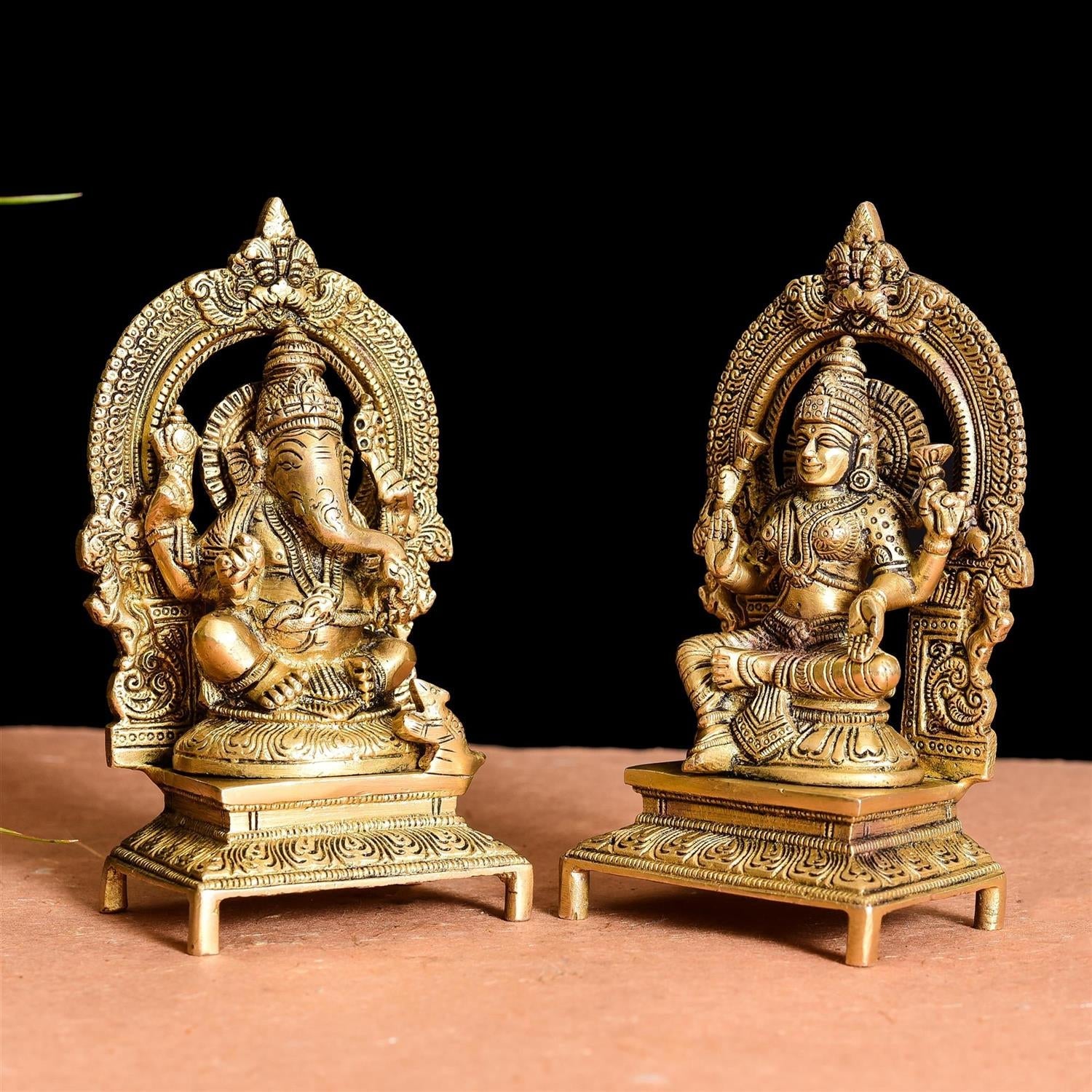 Brass Sitting Ganesh And Lakshmi On Throne Idol (7.5 Inch) Vedansh Craft
