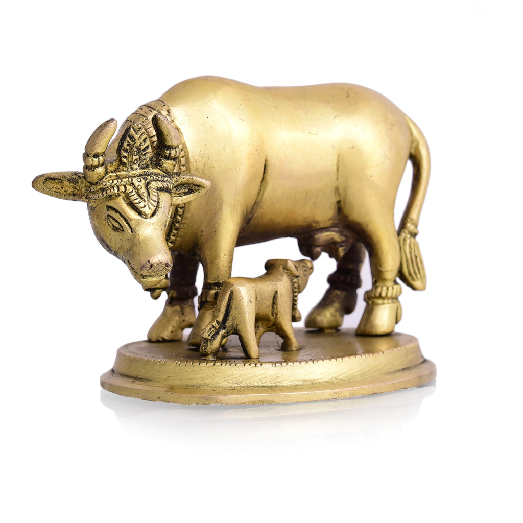 Brass Kamdhenu Cow With Calf Idol (3.5 Inch) Vedansh Craft