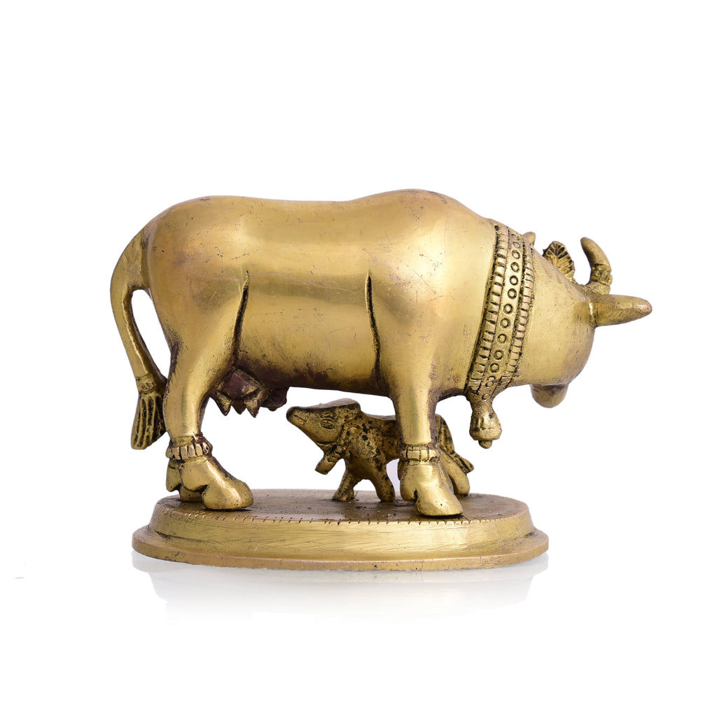 Brass Kamdhenu Cow With Calf Idol (3.5 Inch) Vedansh Craft
