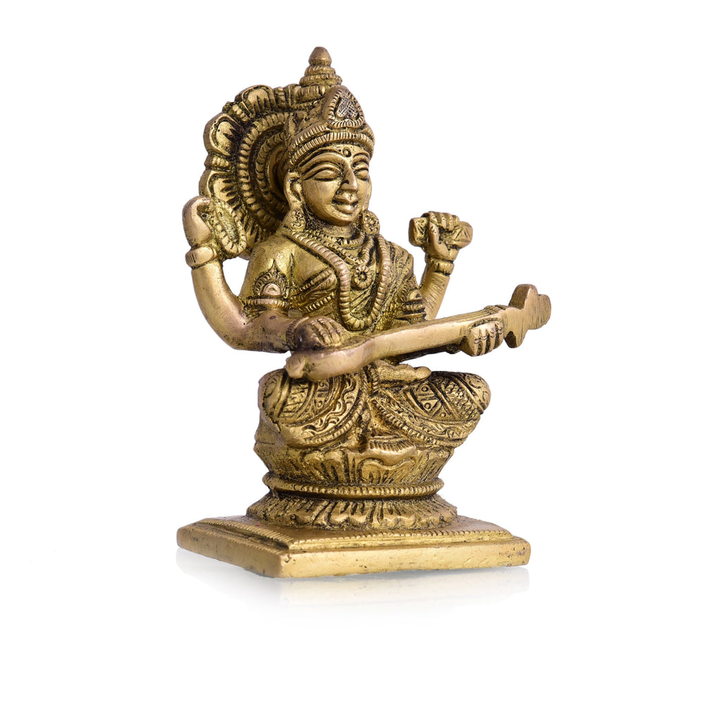 Brass Goddess Sitting Saraswati Idol (4.3 Inch) Vedansh Craft