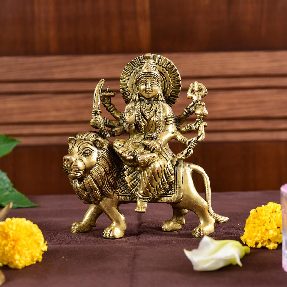 Brass Durga Idol Sitting On Loin (5.5 Inch) Vedansh Craft