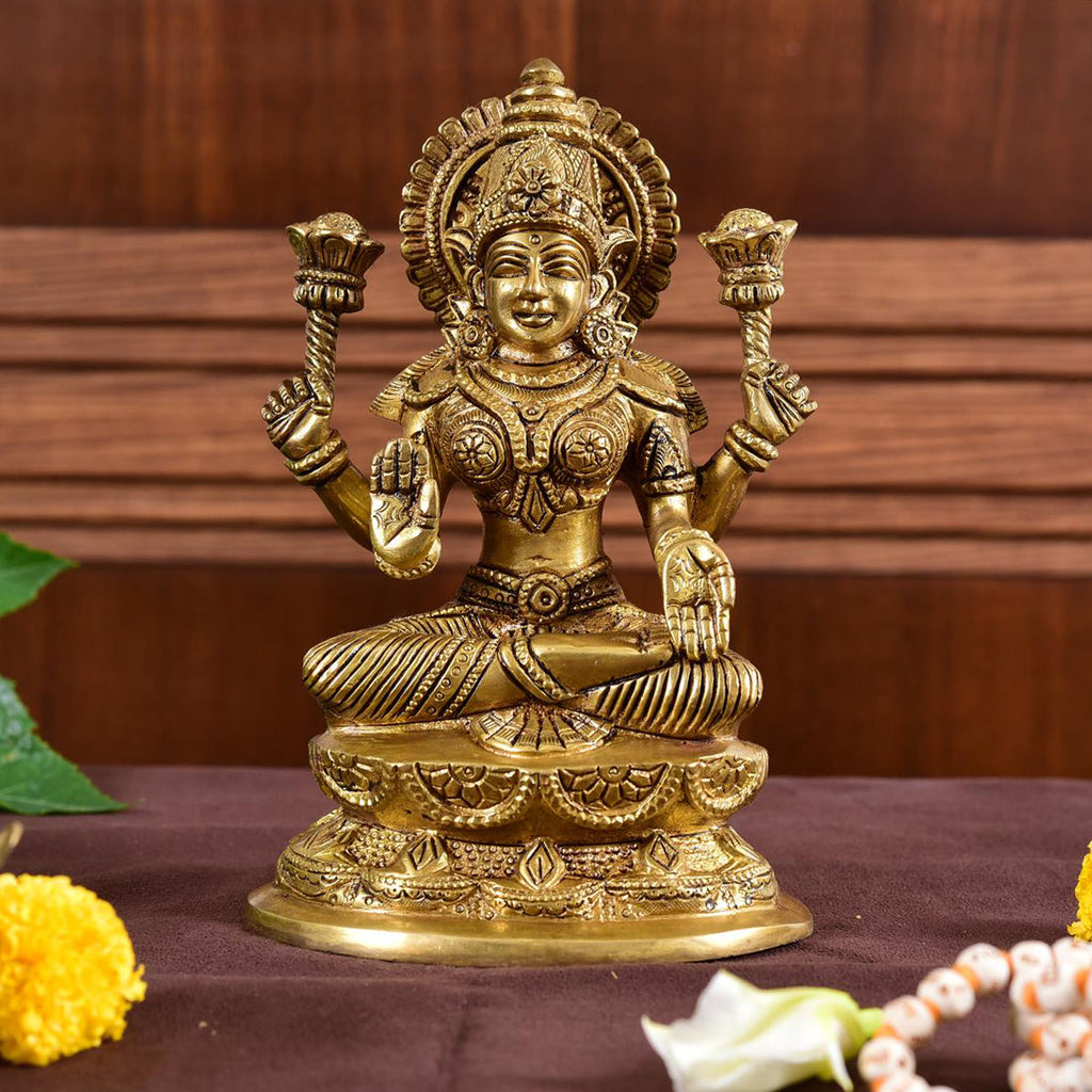 Brass Goddess Sitting Lakshmi Idol (7 Inch) Vedansh Craft