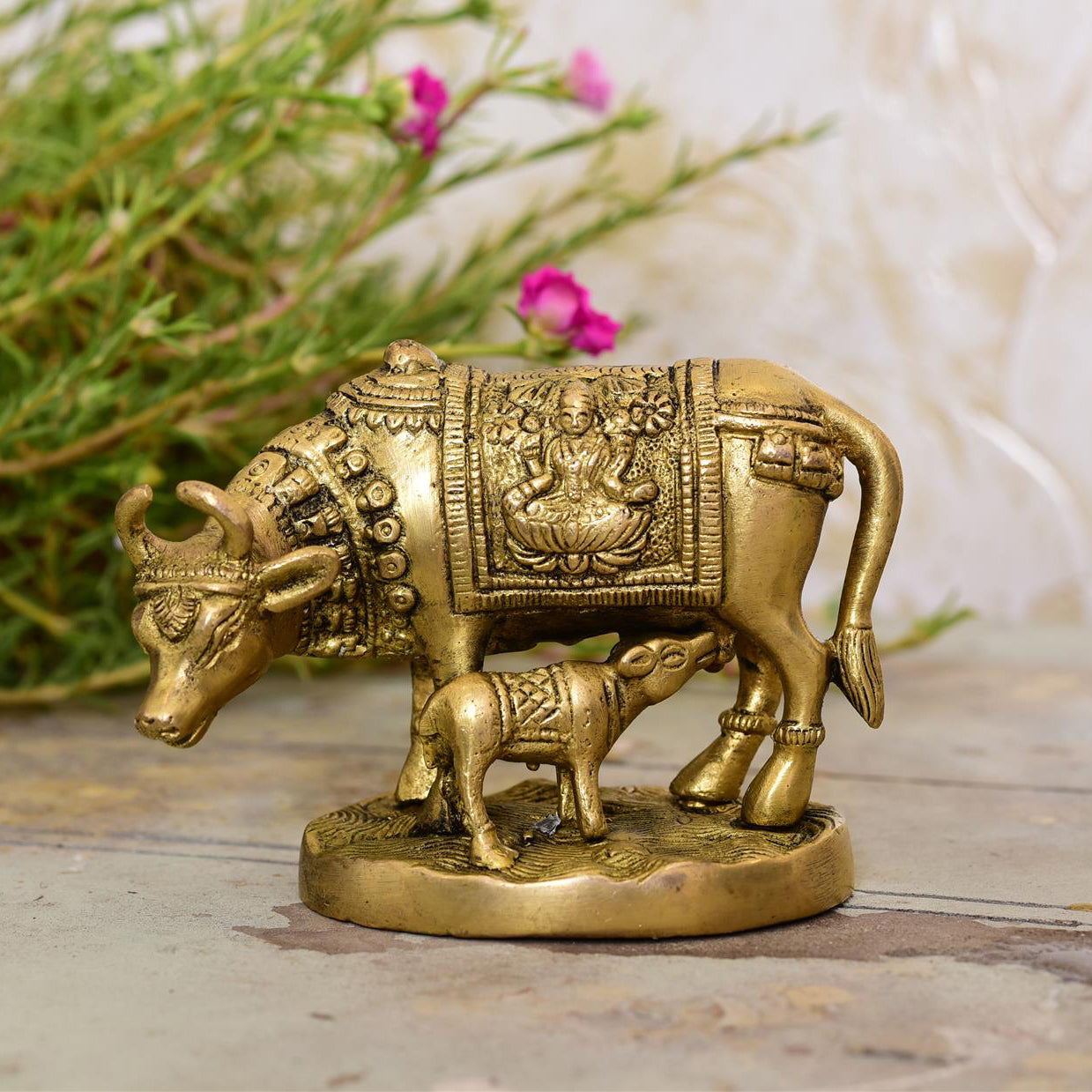 Brass Kamdhenu Cow With Calf Idol (4 Inch) Vedansh Craft