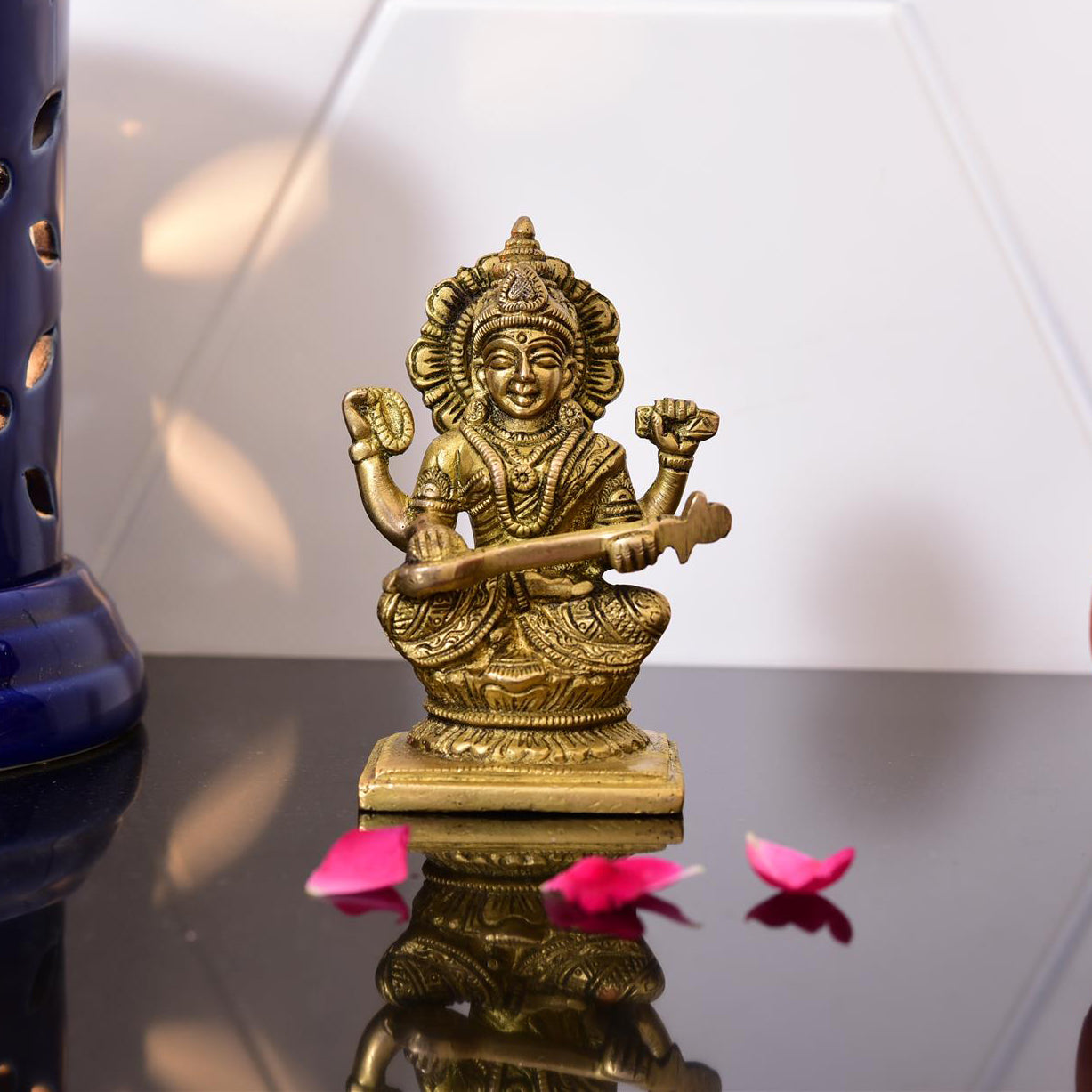 Brass Goddess Sitting Saraswati Idol (4.3 Inch) Vedansh Craft