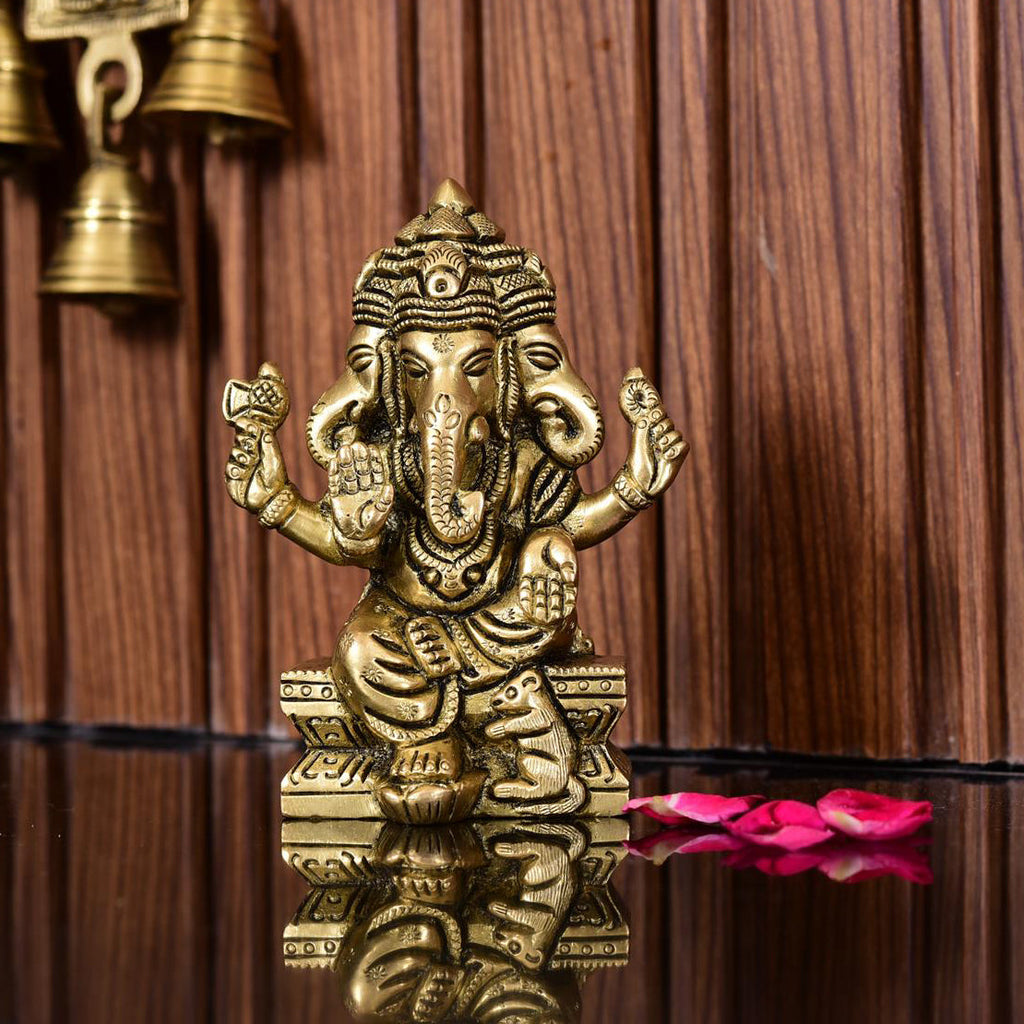 Brass Four Face Ganesha Sitting Idol (4.3 Inch) Vedansh Craft