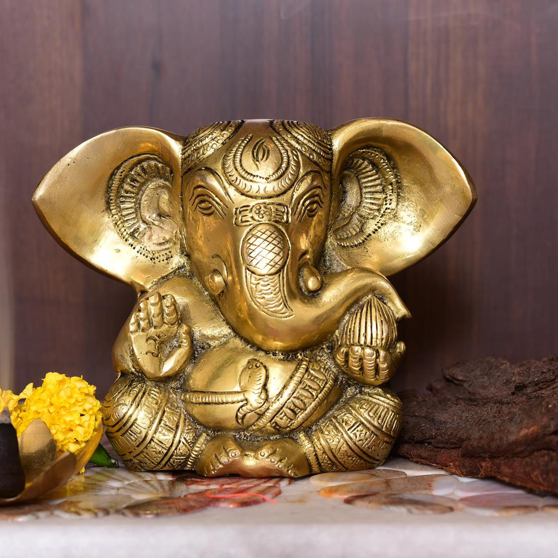 Brass Carving Appu Sitting Ganesha Idol (5 Inch) Vedansh Craft