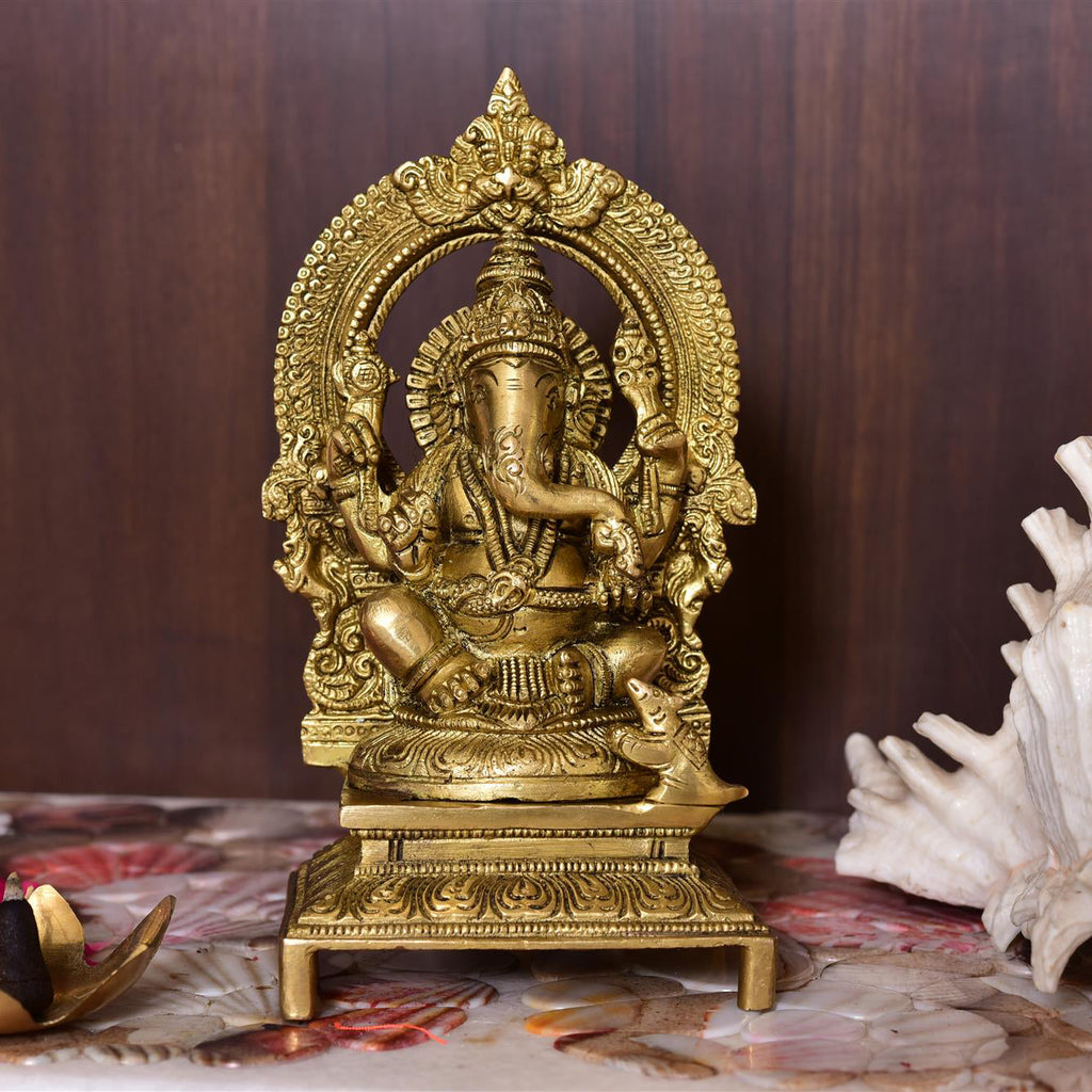 Brass Ganesha Sitting On Throne/Singhasan Idol (7.5 Inch) Vedansh Craft