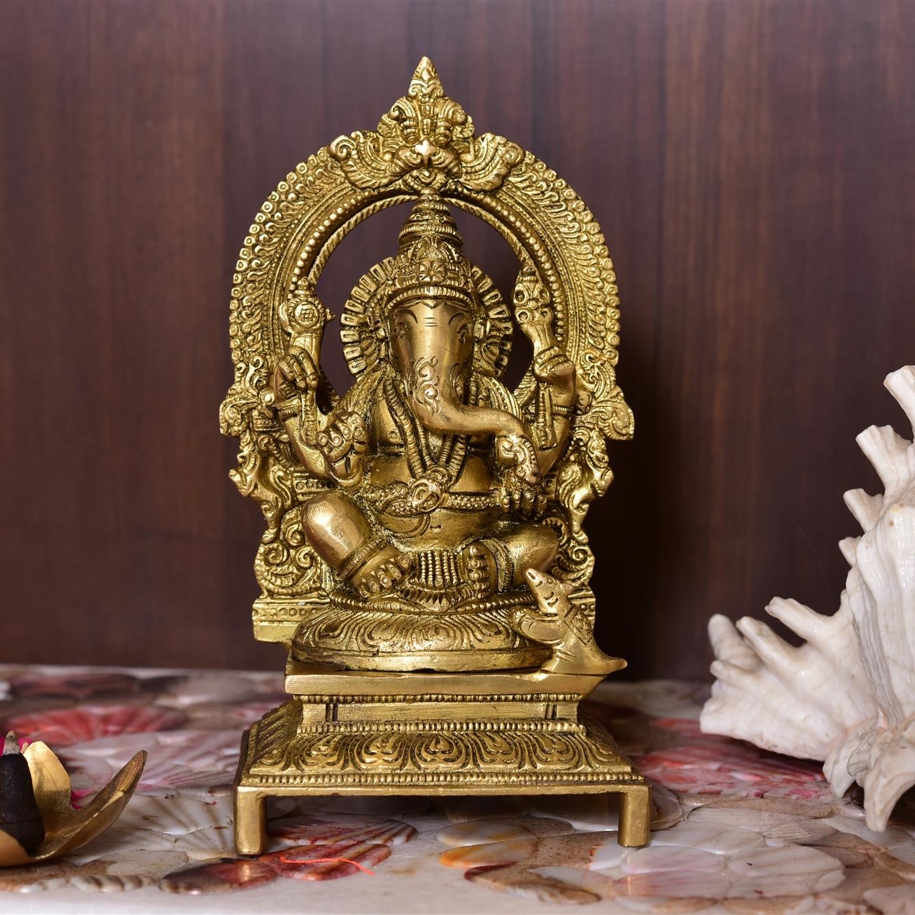 Brass Ganesha Sitting On Throne/Singhasan Idol (7.5 Inch) Vedansh Craft