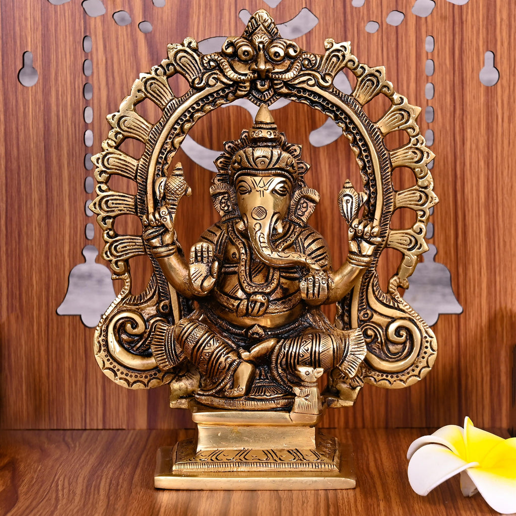 Brass Superfine Sitting Ganesha On Throne Idol (8 Inch) Vedansh Craft