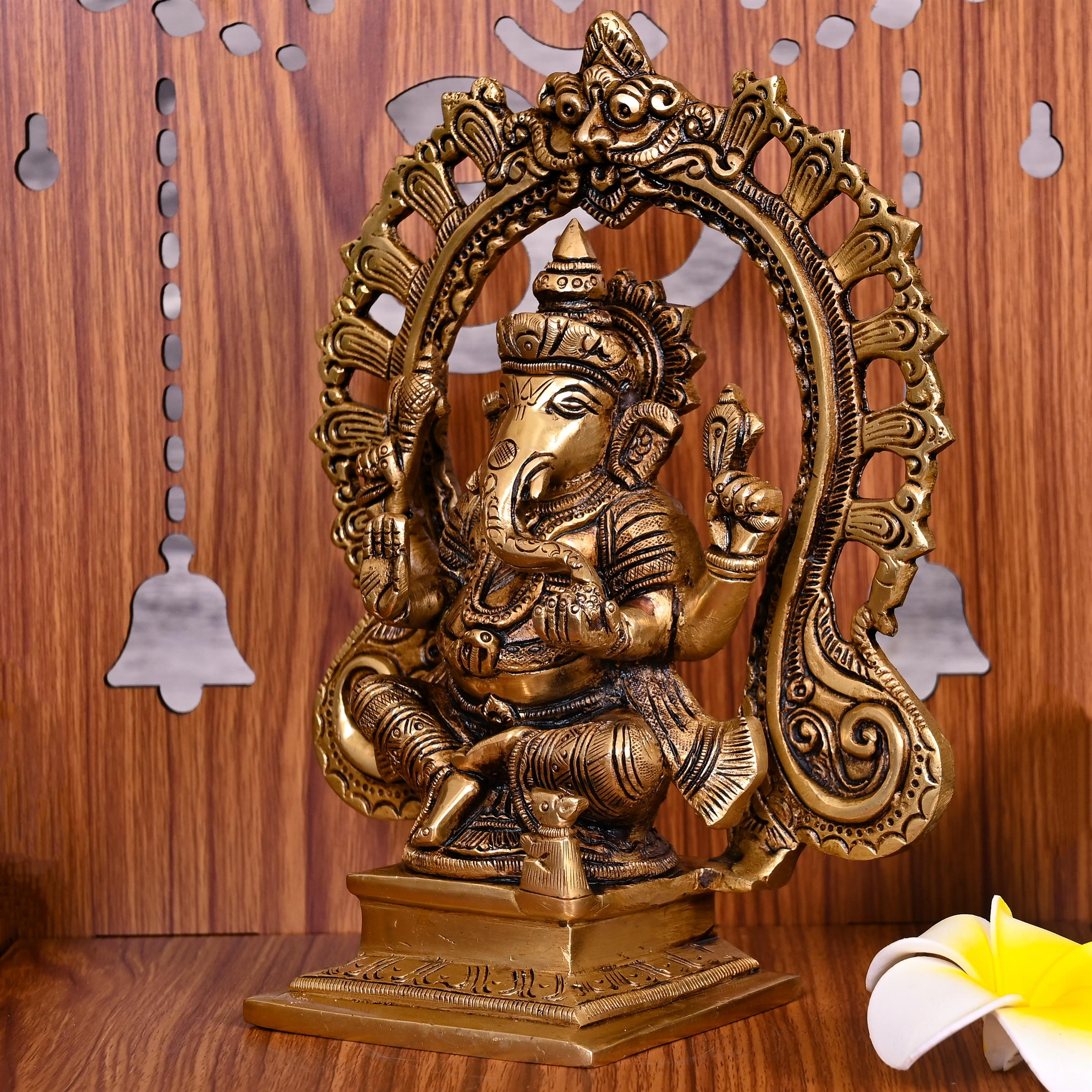 Brass Superfine Sitting Ganesha On Throne Idol (8 Inch) Vedansh Craft