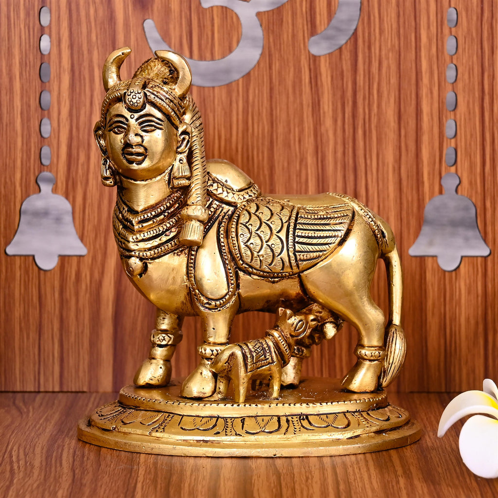 Brass Kamdhenu Cow With Calf Idol (5.5 Inch) Vedansh Craft