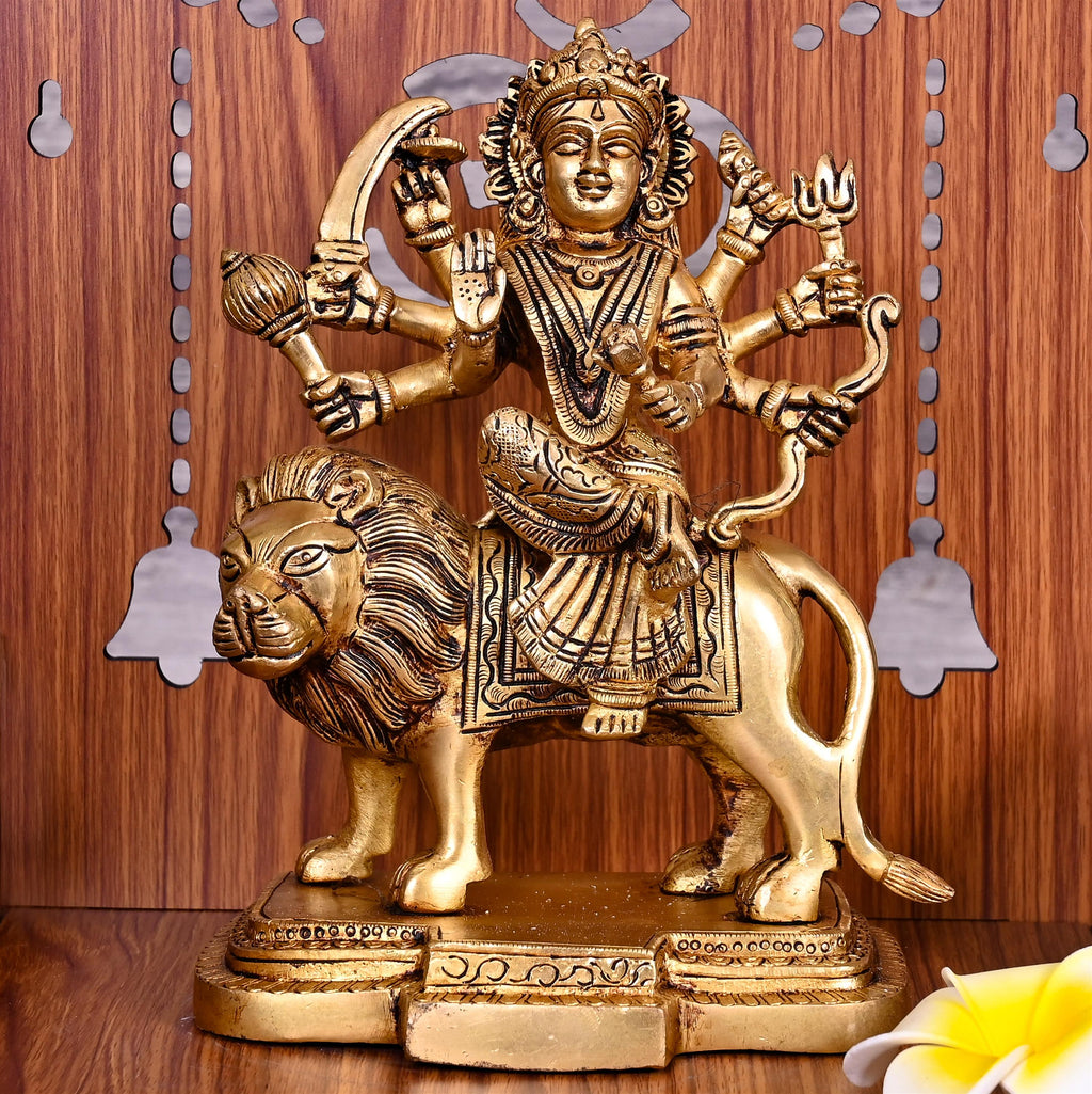 Brass Goddess Durga Sitting on Lion Statue (8.5 Inch) Vedansh Craft