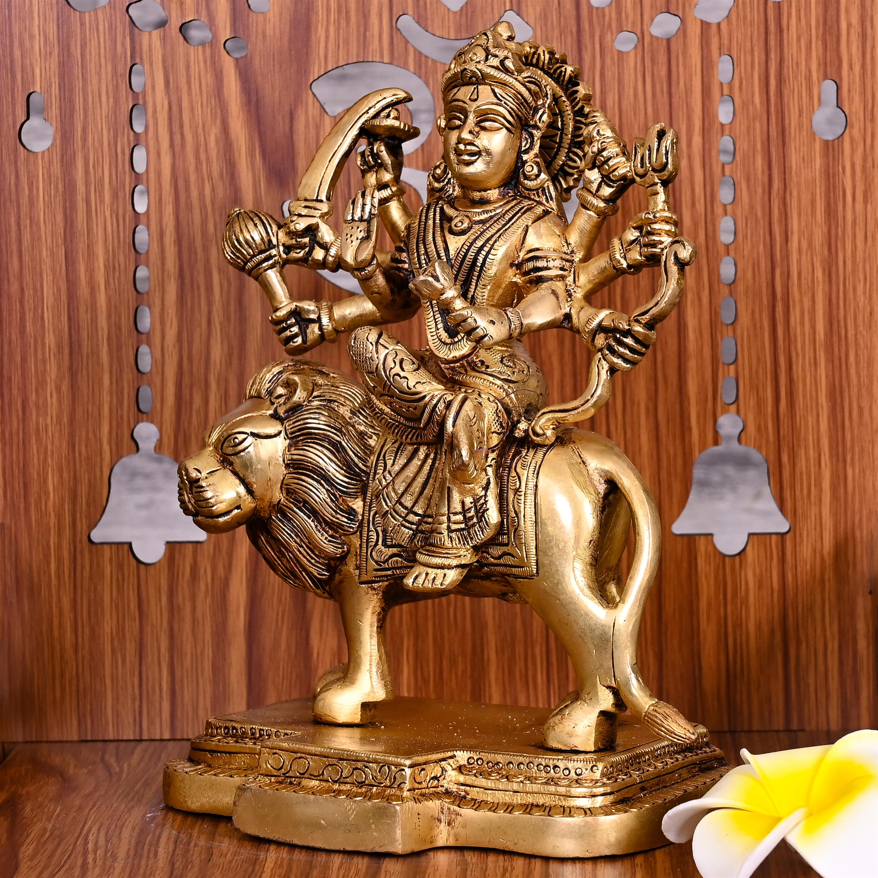 Brass Goddess Durga Sitting on Lion Statue (8.5 Inch) Vedansh Craft