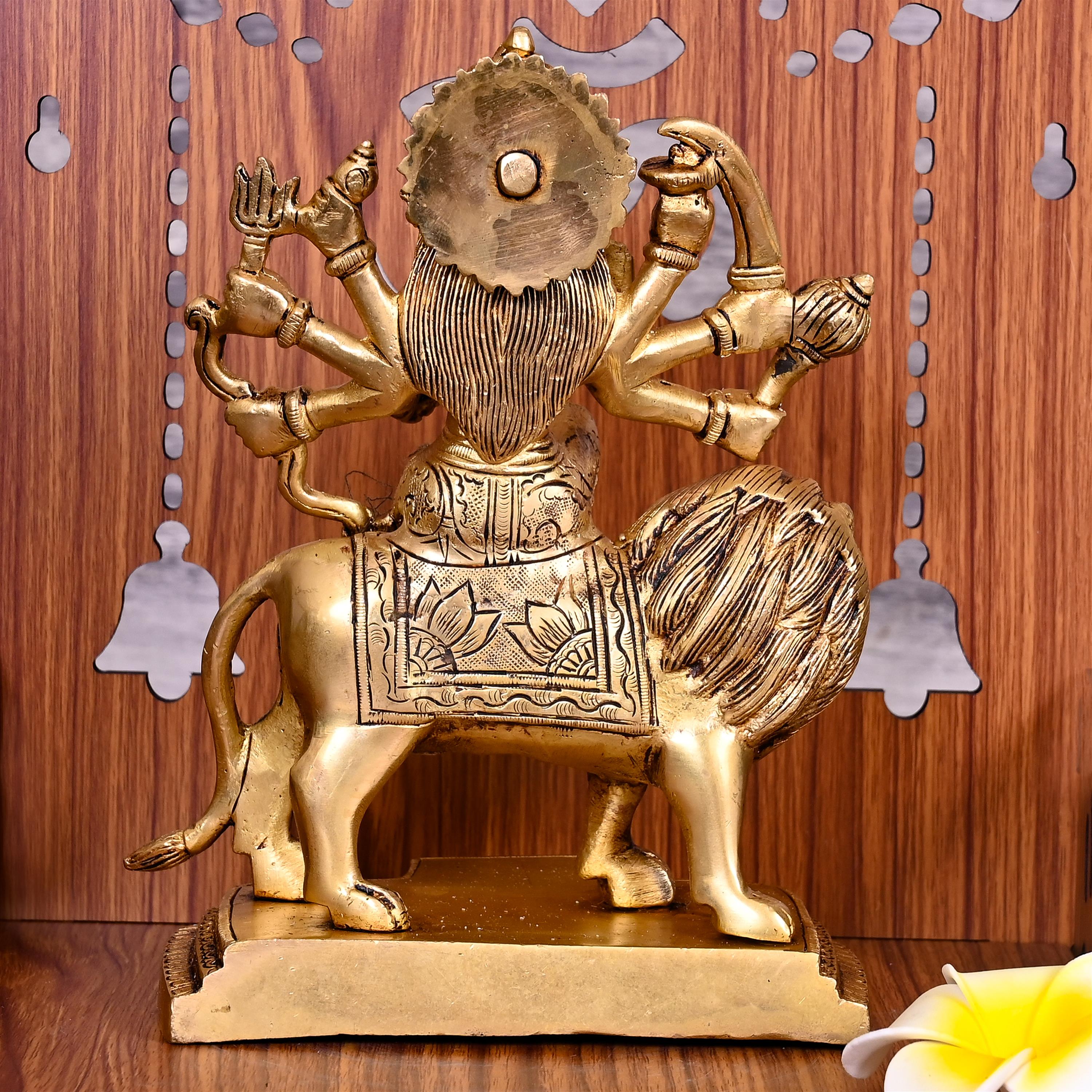 Brass Goddess Durga Sitting on Lion Statue (8.5 Inch) Vedansh Craft