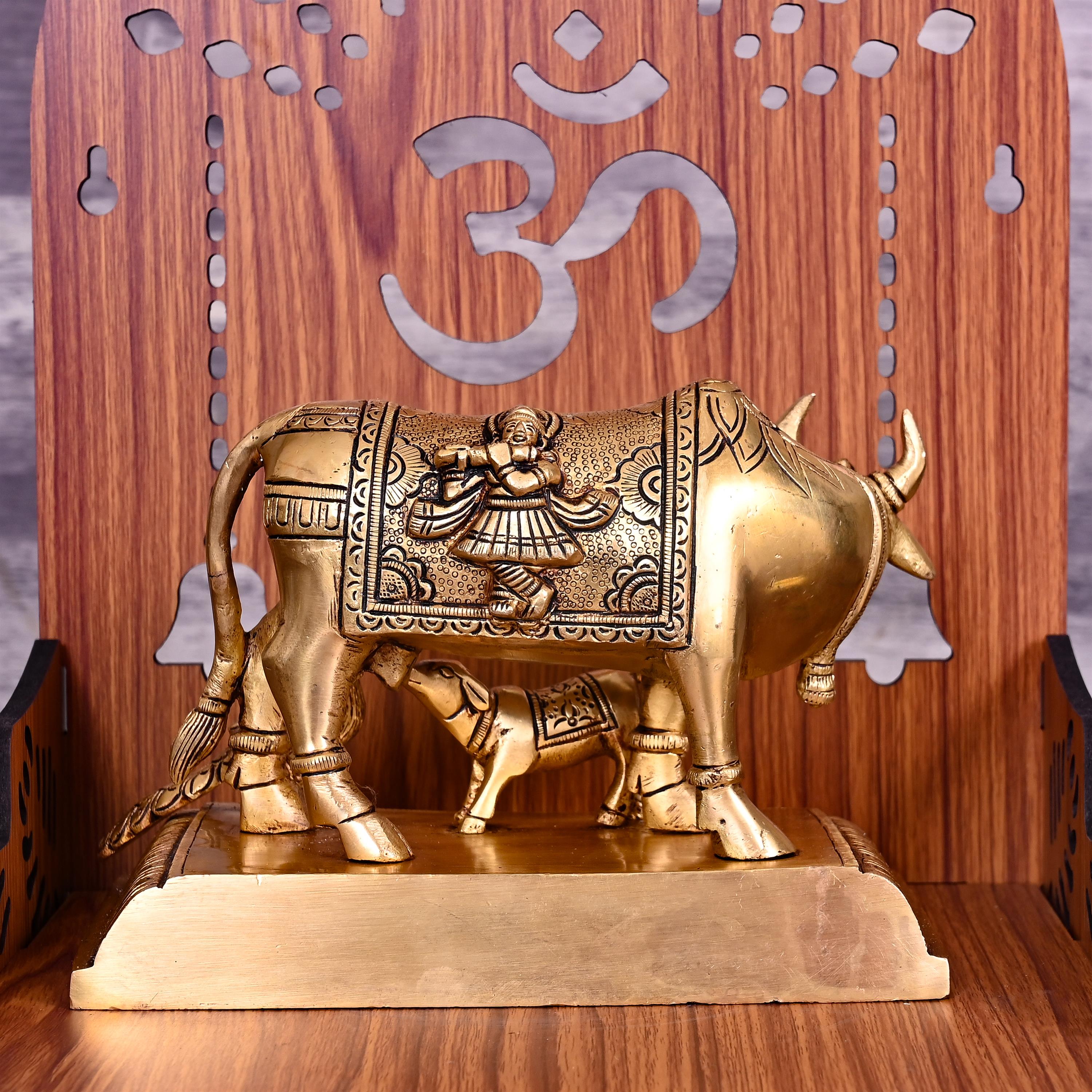 Brass Kamdhenu Cow With Calf Idol (5 Inch) Vedansh Craft