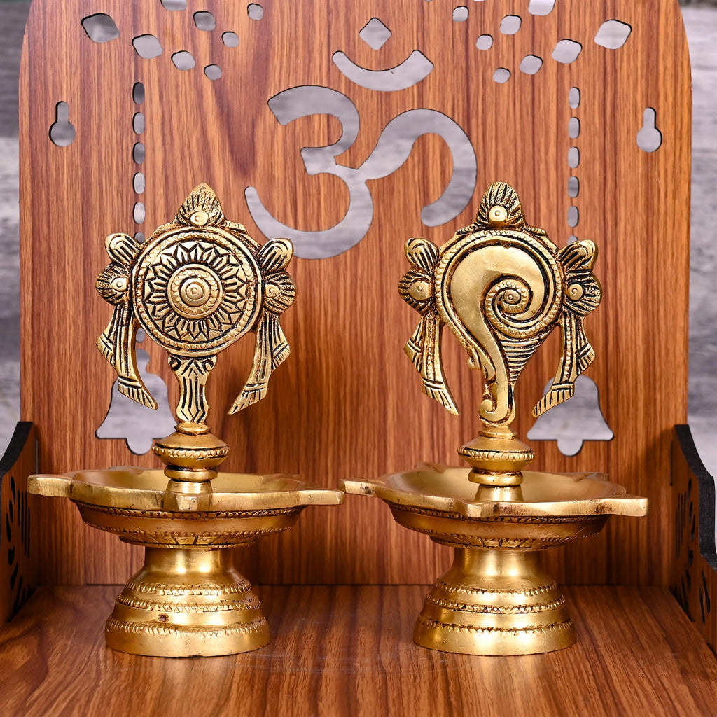 Brass Five Petal Shankh Chakra Diya Set (6 Inch) Vedansh Craft