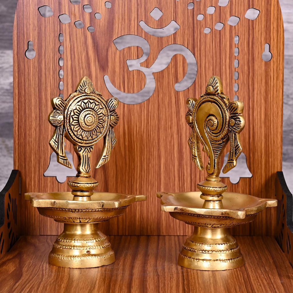 Brass Five Petal Shankh Chakra Diya Set (6 Inch) Vedansh Craft