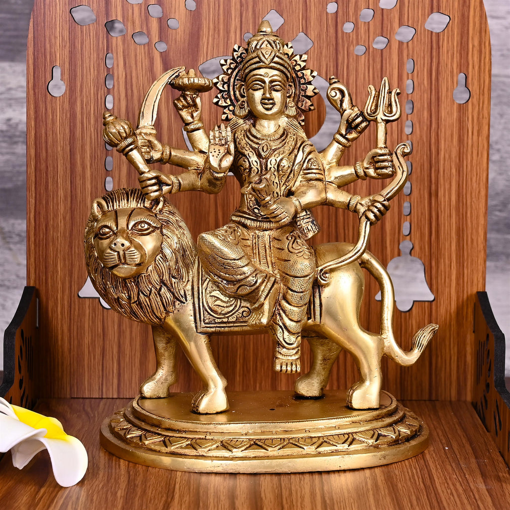 Brass Goddess Durga Sitting on Lion Statue (8 Inch) Vedansh Craft