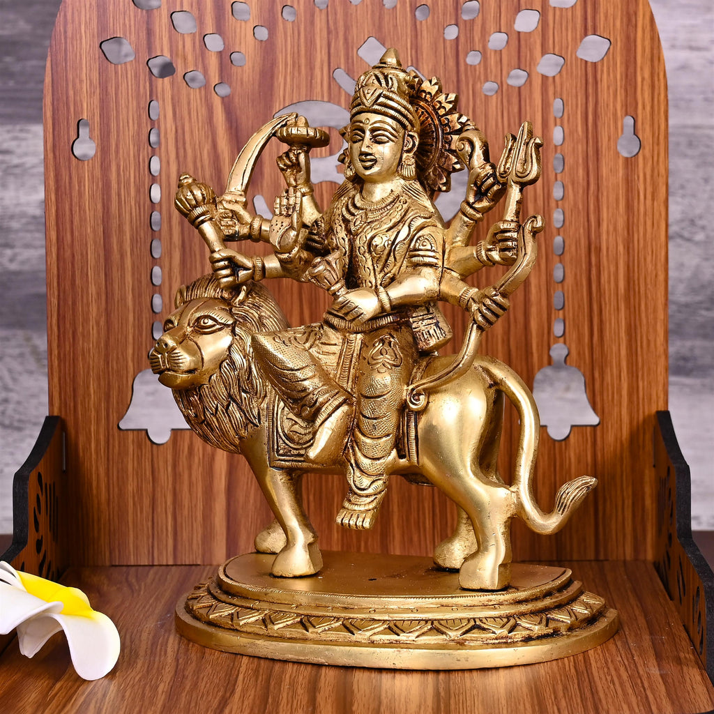 Brass Goddess Durga Sitting on Lion Statue (8 Inch) Vedansh Craft