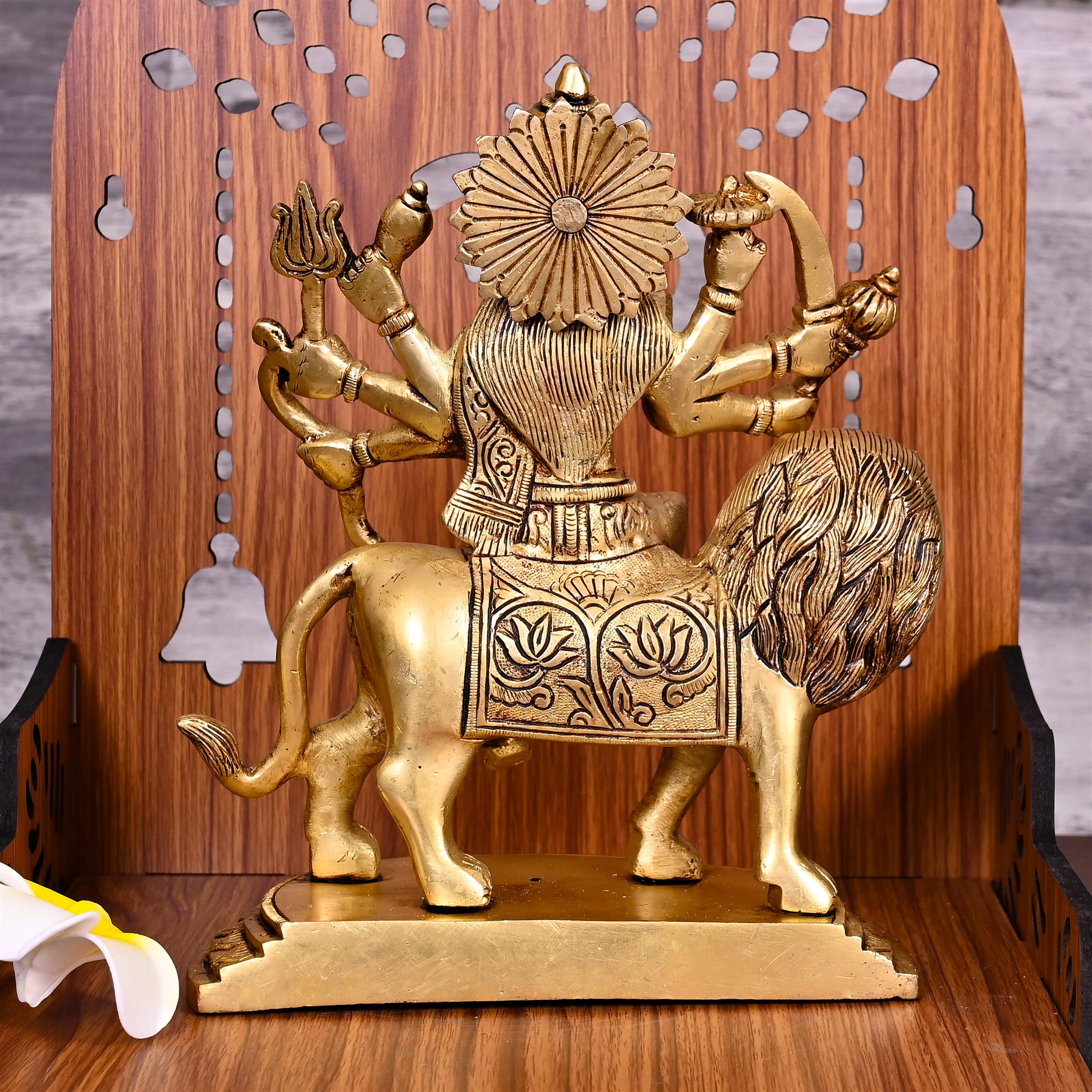 Brass Goddess Durga Sitting on Lion Statue (8 Inch) Vedansh Craft