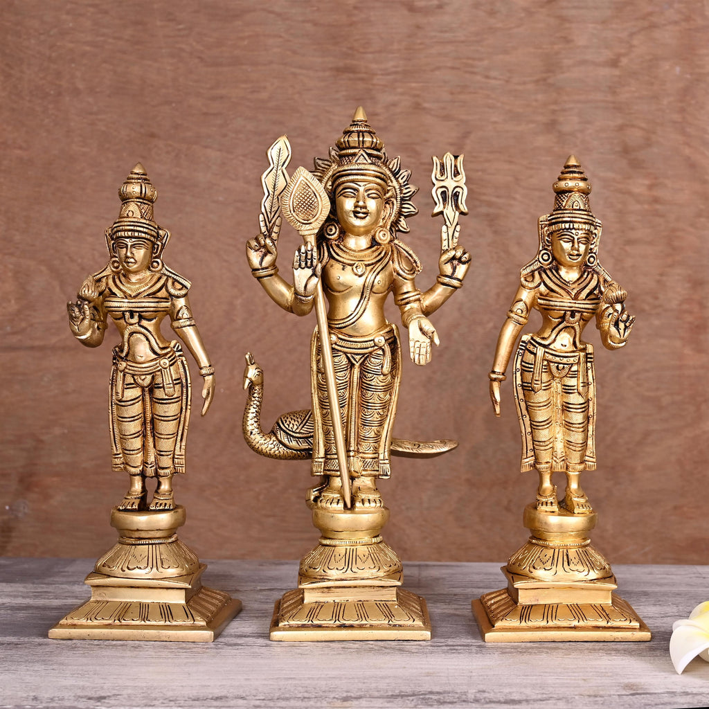 Brass Standing Lord Murugan With Devasena And Valli Statues (11") Vedansh Craft