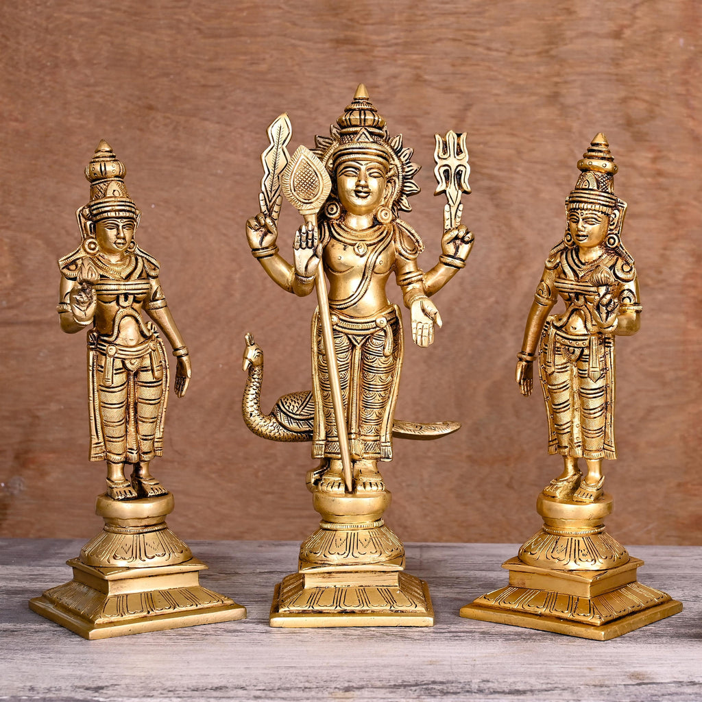 Brass Standing Lord Murugan With Devasena And Valli Statues (11") Vedansh Craft