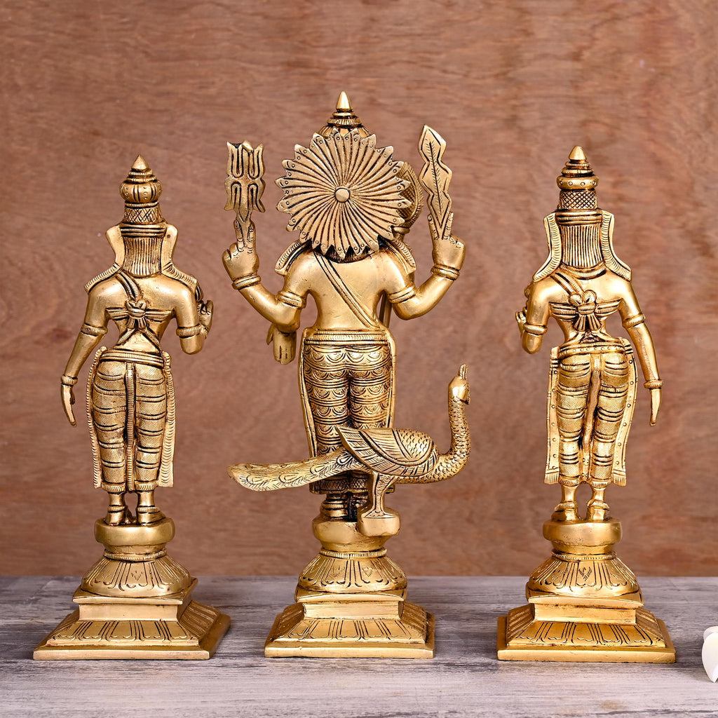 Brass Standing Lord Murugan With Devasena And Valli Statues (11") Vedansh Craft