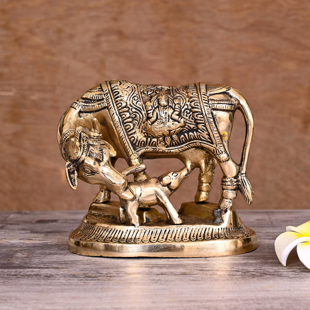 Brass Kamdhenu Cow With Calf Idol (4.5 Inch) Vedansh Craft