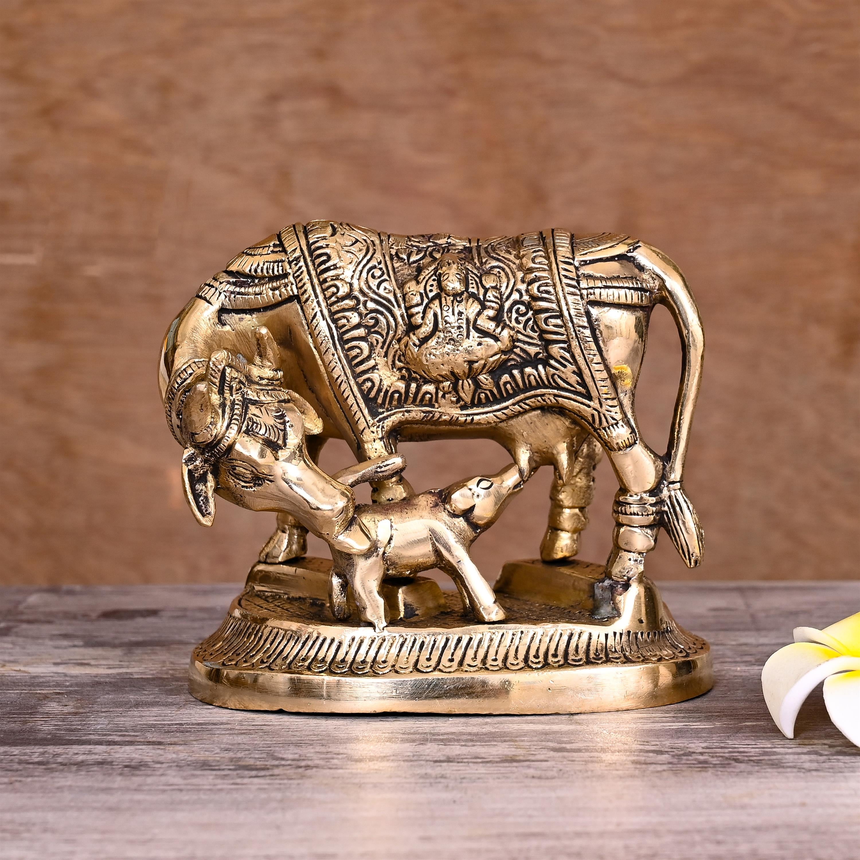 Brass Kamdhenu Cow With Calf Idol (4.5 Inch) Vedansh Craft