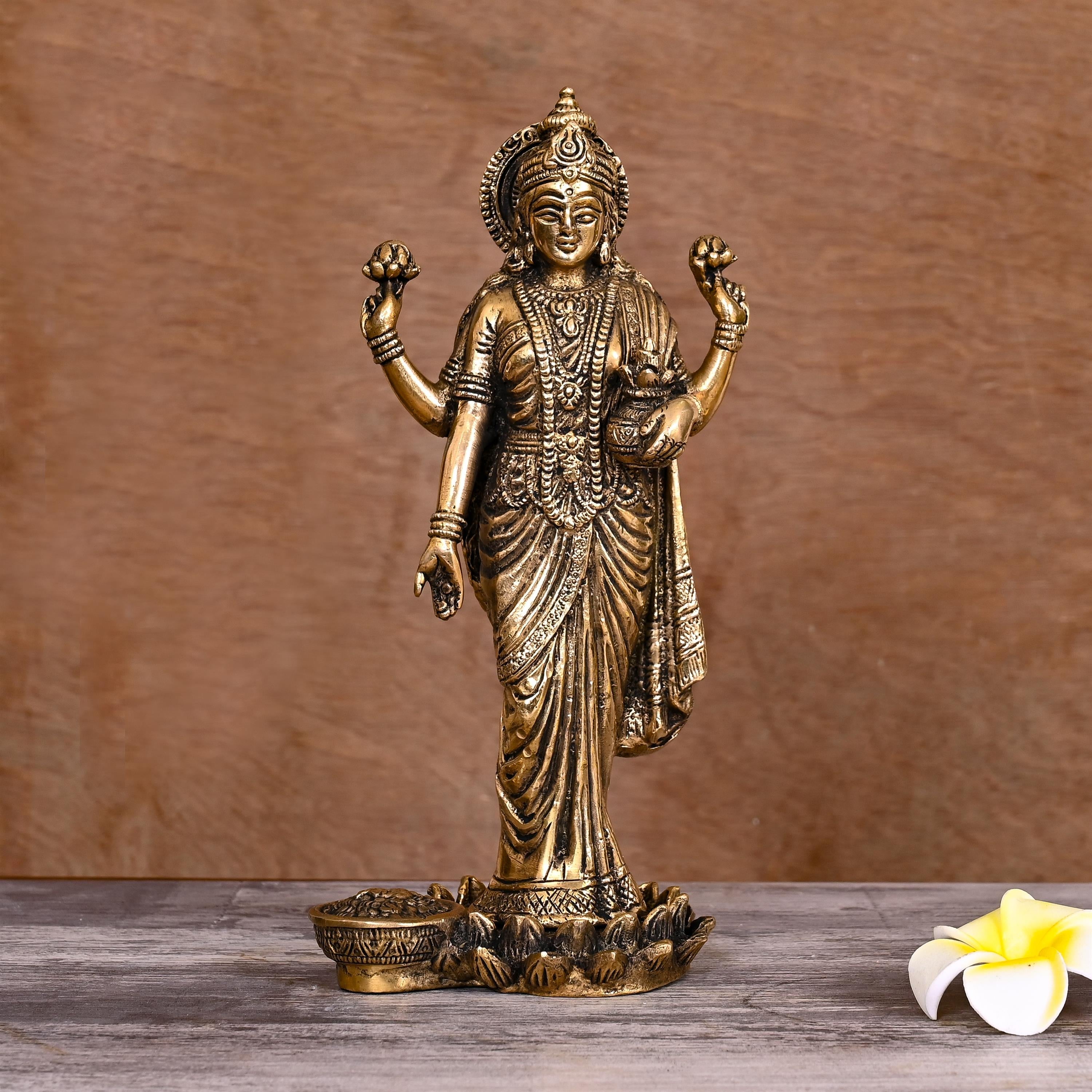 Brass Goddess Standing Lakshmi Idol on lotus (10 Inch) Vedansh Craft